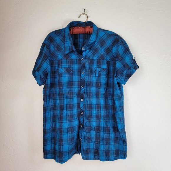 Bergans of Norway 7411 Leknes Lady Shirt Top Short Blue Plaid Sleeve Button Up - Picture 1 of 9